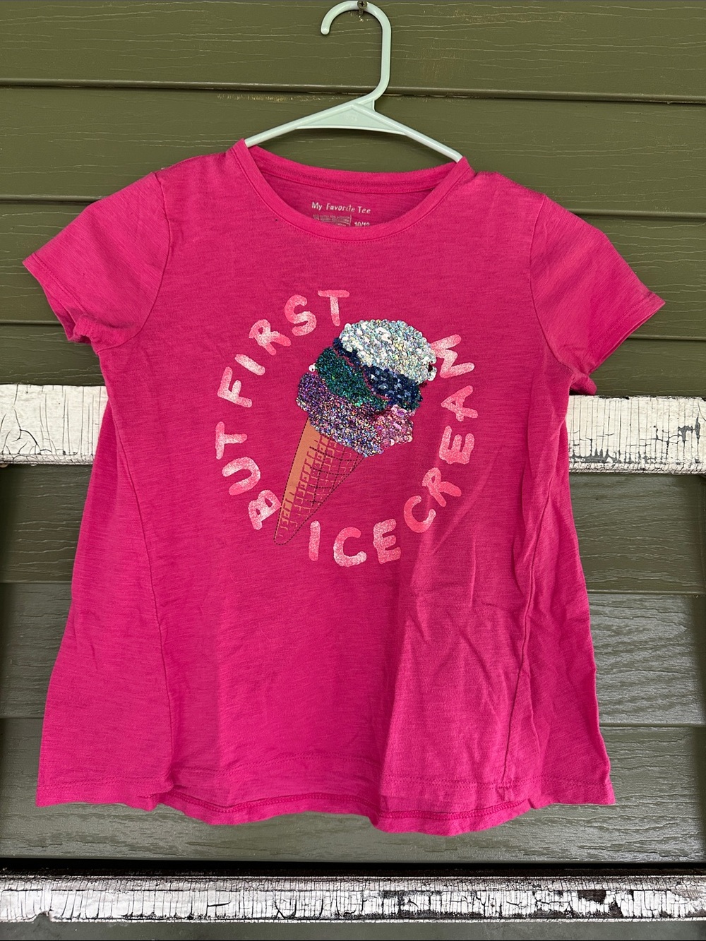 Girls' Hot Pink Short Sleeve Tee with Sequin Ice Cream Graphic